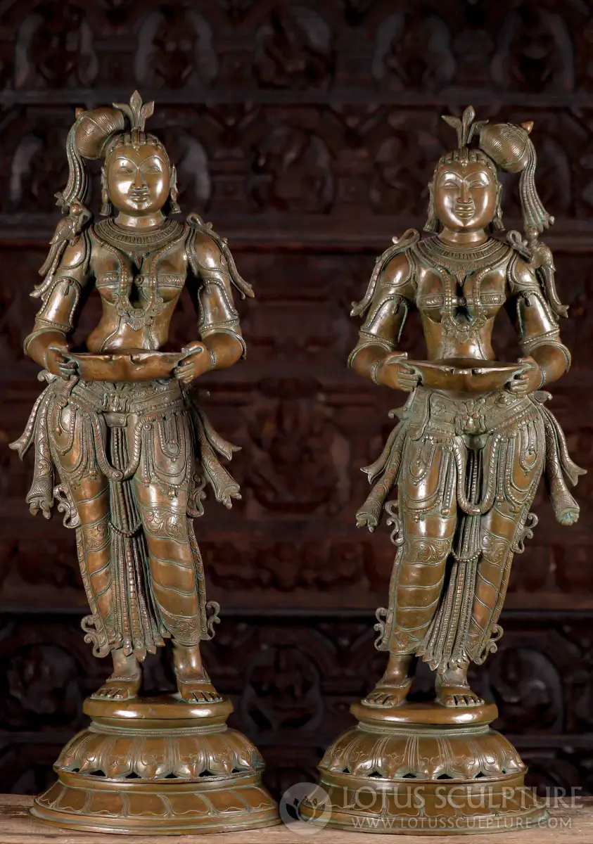 Pair of Lakshmi Bronze Deepam Statues, Tall Hindu Goddess Holding Offering Dishes 37"