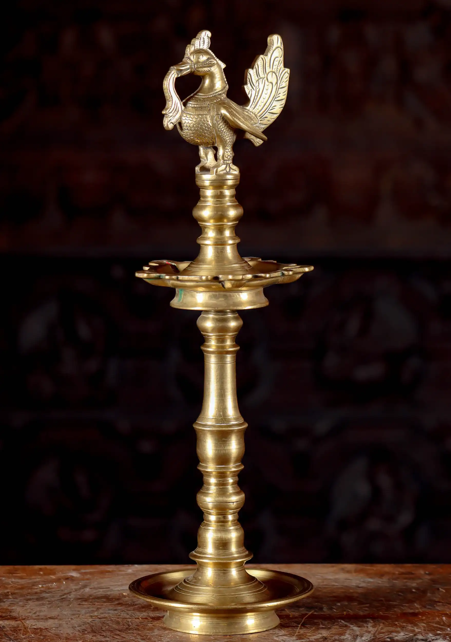 Peacock Deepam Statue with Oil & Incense Dishes, Tall Solid Bronze from Kerala, India 18"