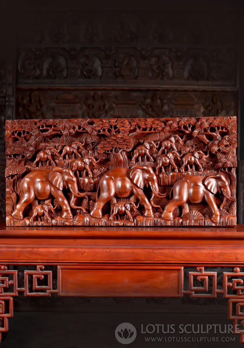 Majestic Herd of Elephants in The Jungle Hand-Carved Wooden Panel 39"