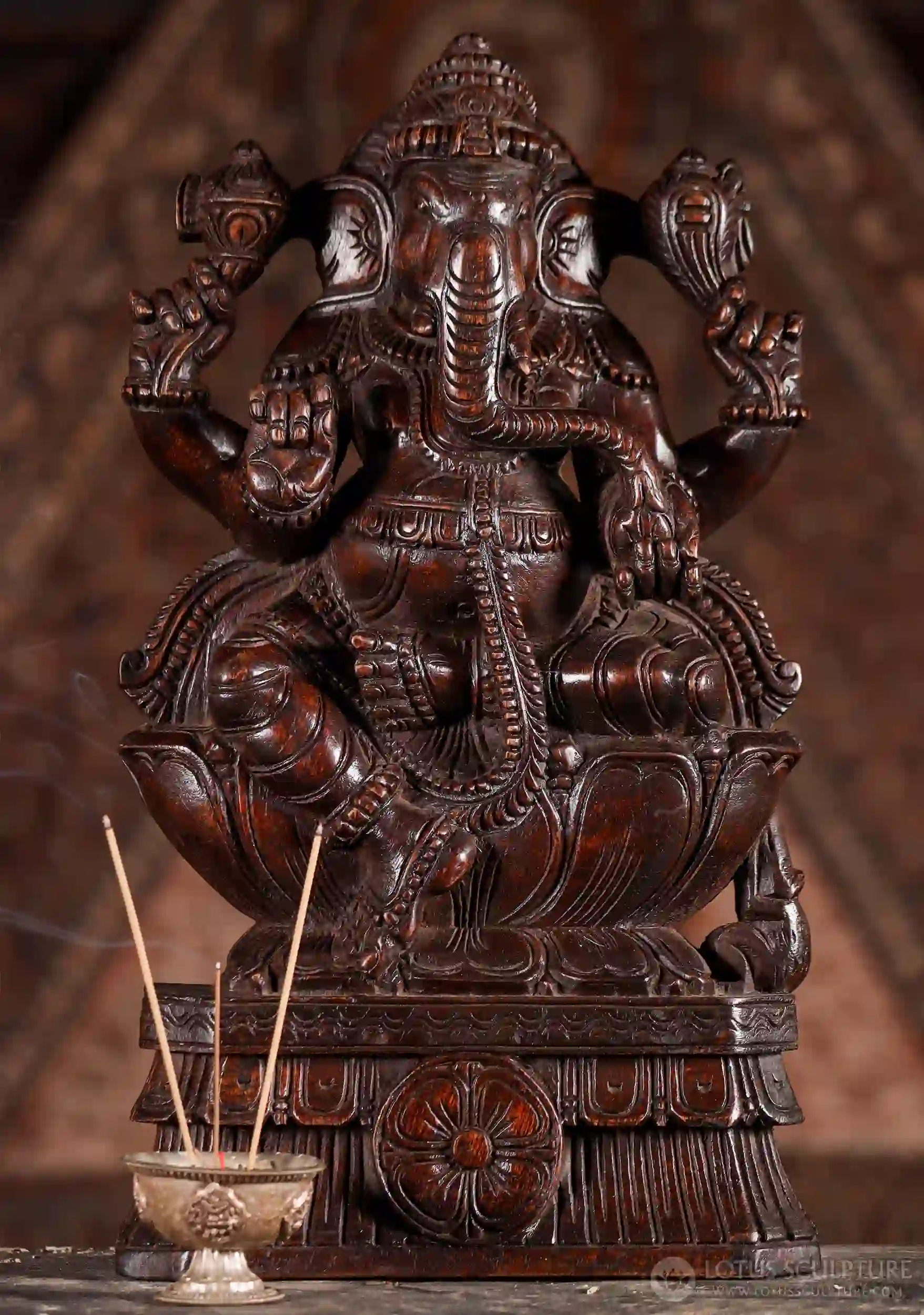 Ganesh Wooden Statue in Natural Finish, Seated in Lalitasana with Mooshika Vahana 18"