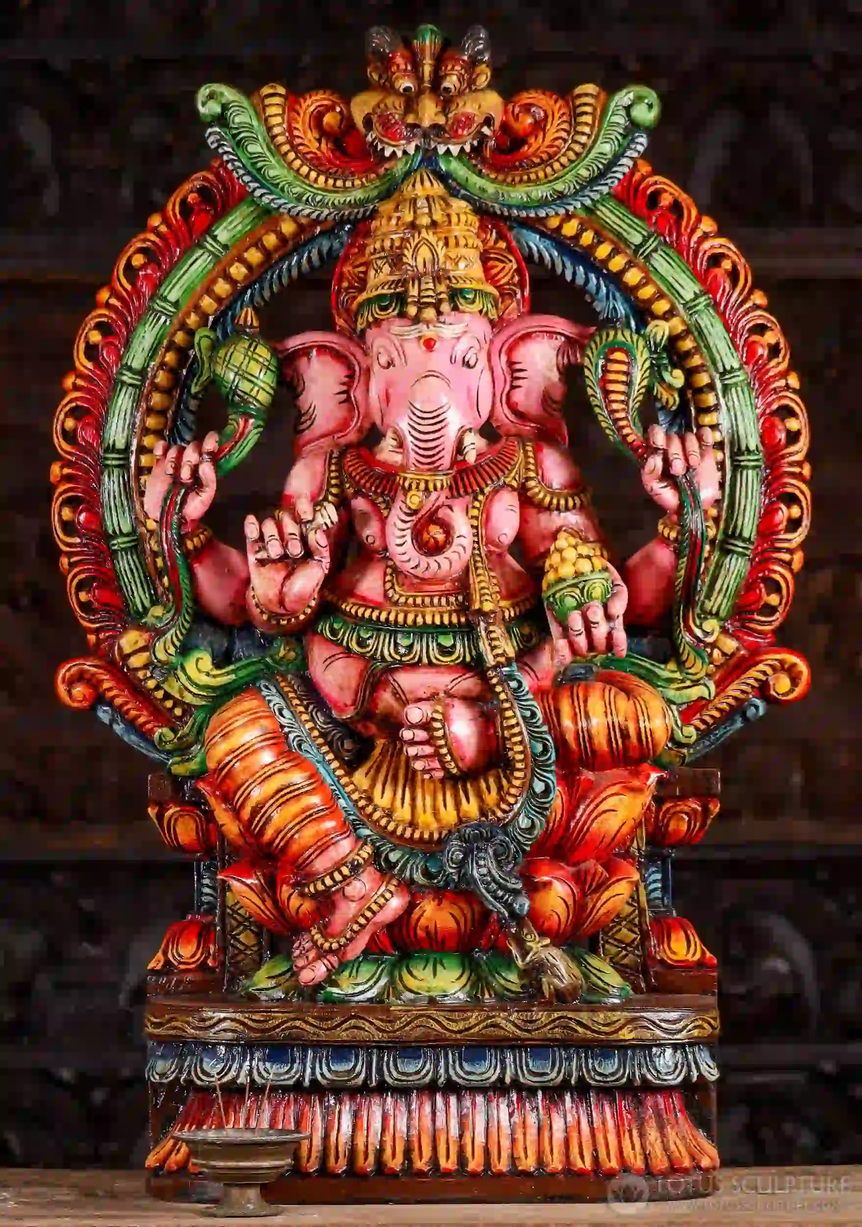 Ganesh Hand Carved Wooden Statue Painted with Mahakala Arch and Mooshika 36"