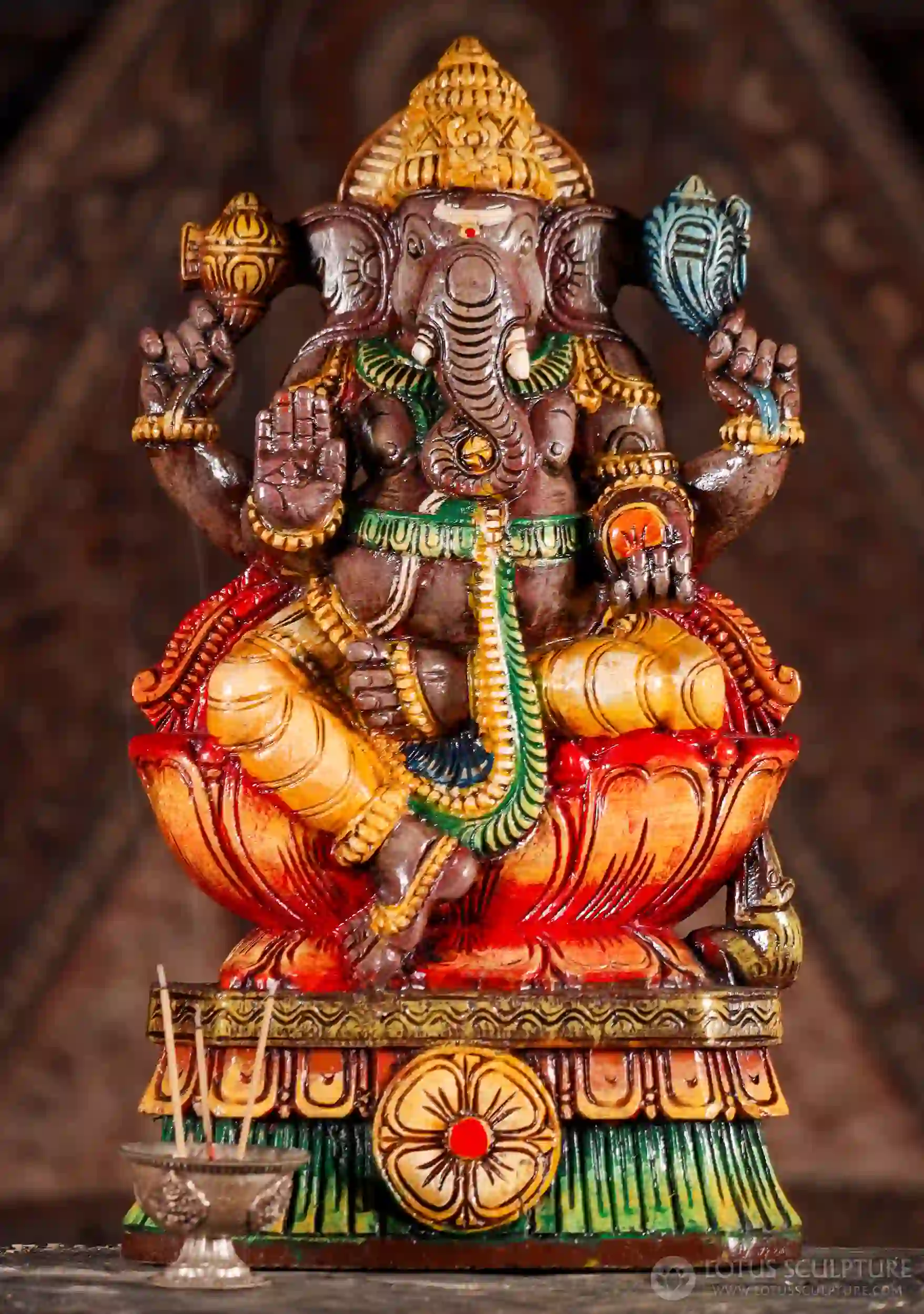 Ganesh Painted Wooden Statue in Abhaya Mudra Seated on Lotus Base 18"