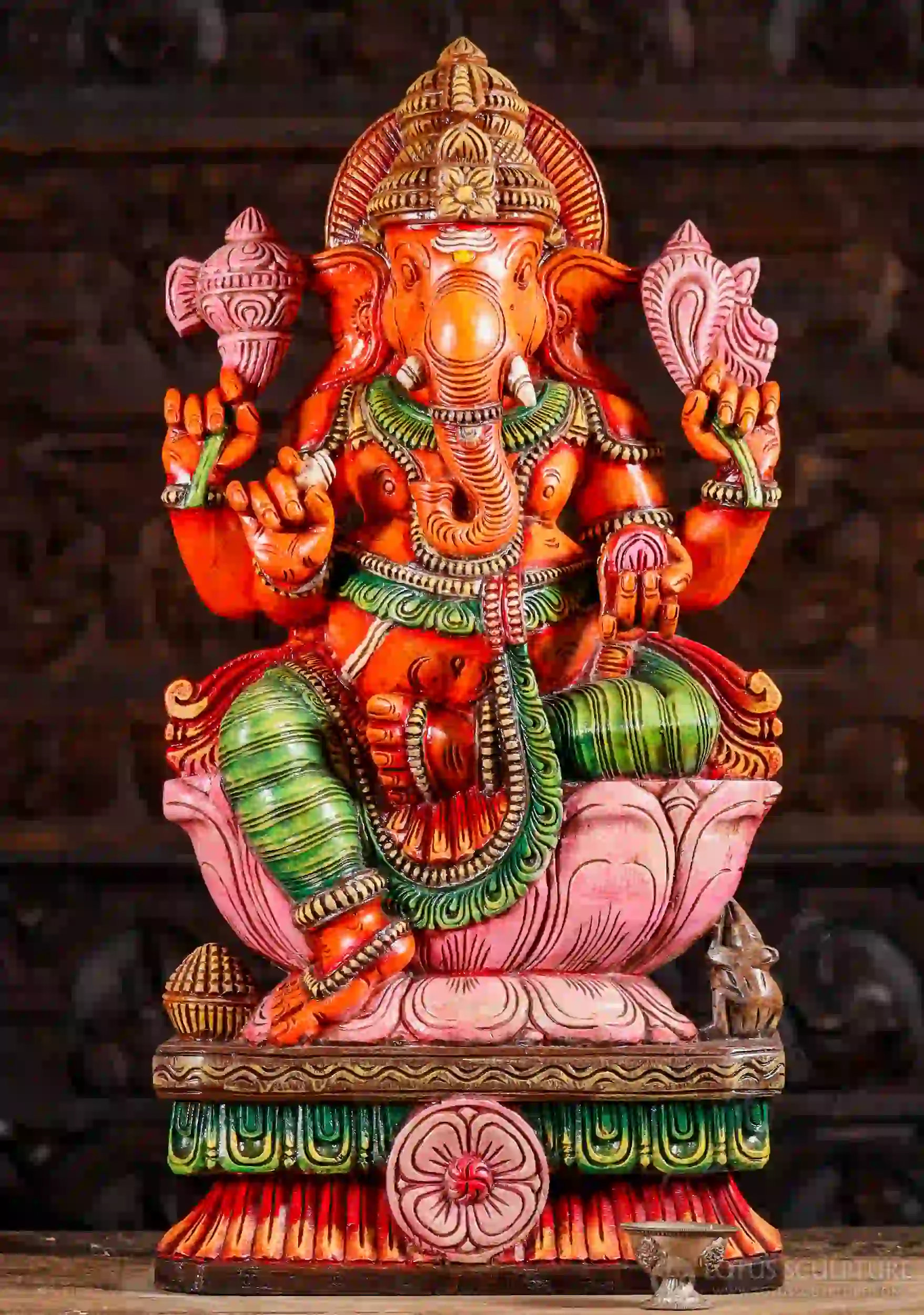 Ganesh Hand Carved Wooden Statue with Modak, Broken Tusk, Noose, and Goad on Lotus 30"