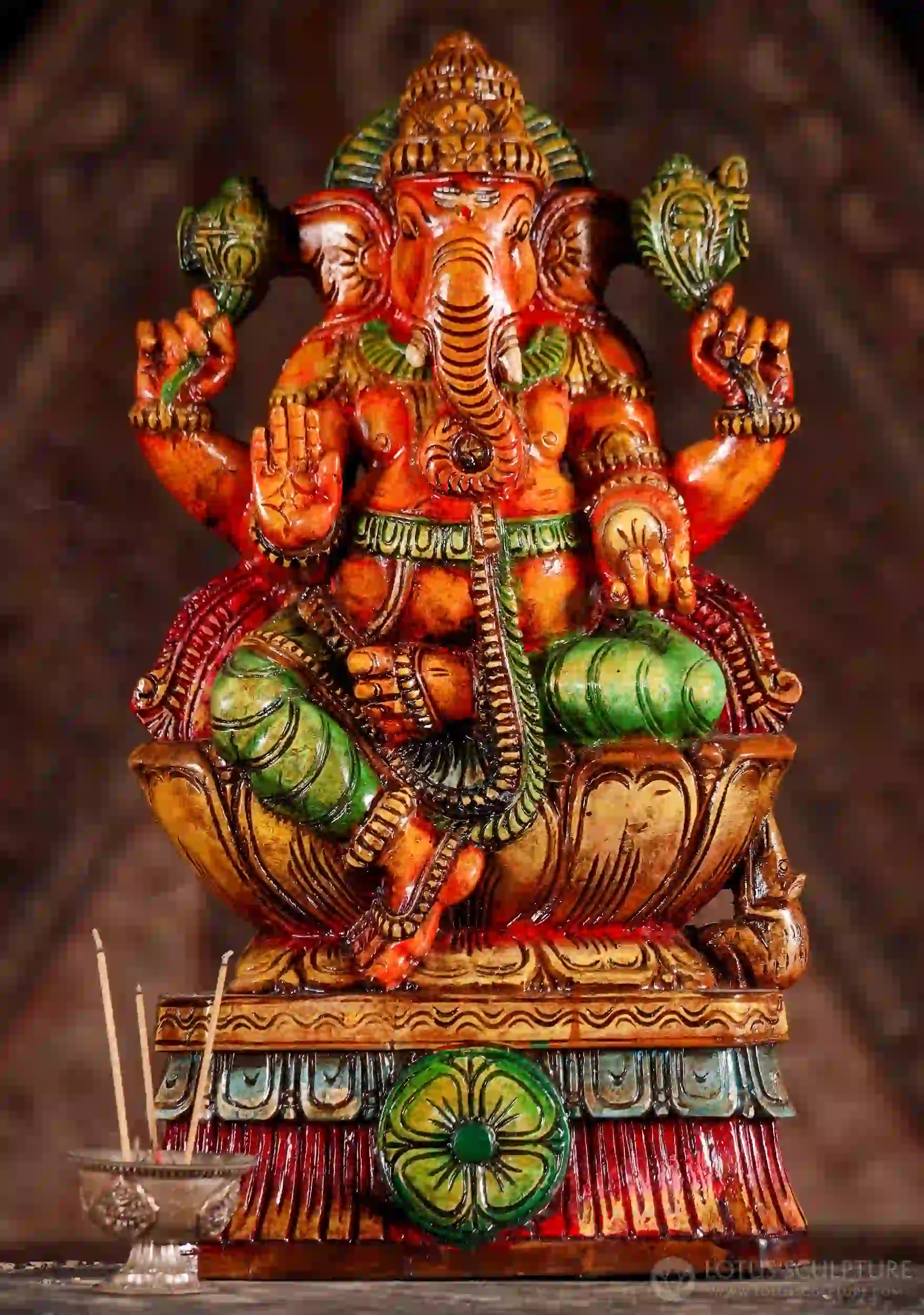 Ganesh Wooden Statue in Abhaya Mudra with Mooshika, Hand-Painted Seated on Lotus Base 18"