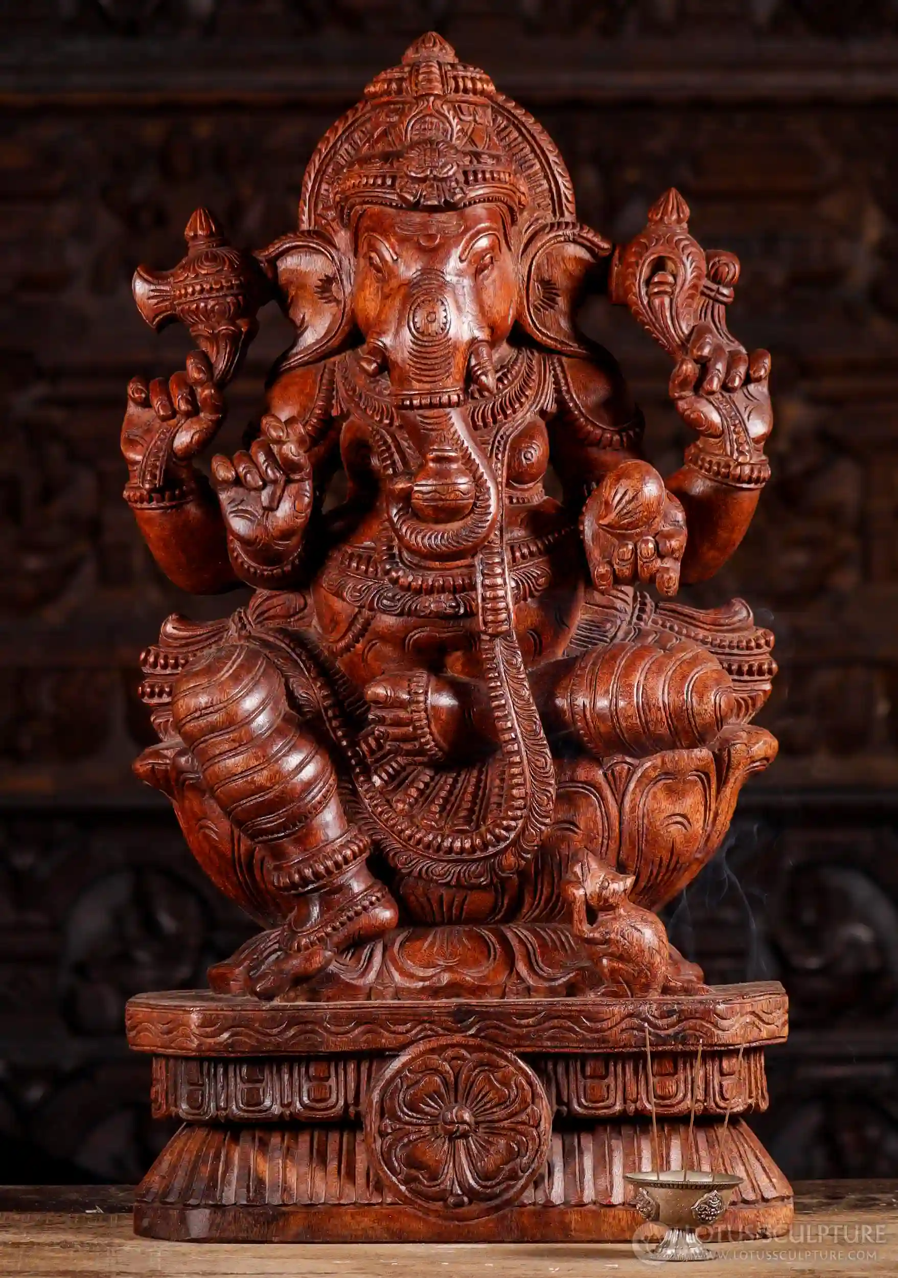 Ganesh Hand-Carved Wooden Sculpture Hindu God in Lalitasana with Mooshika 30"