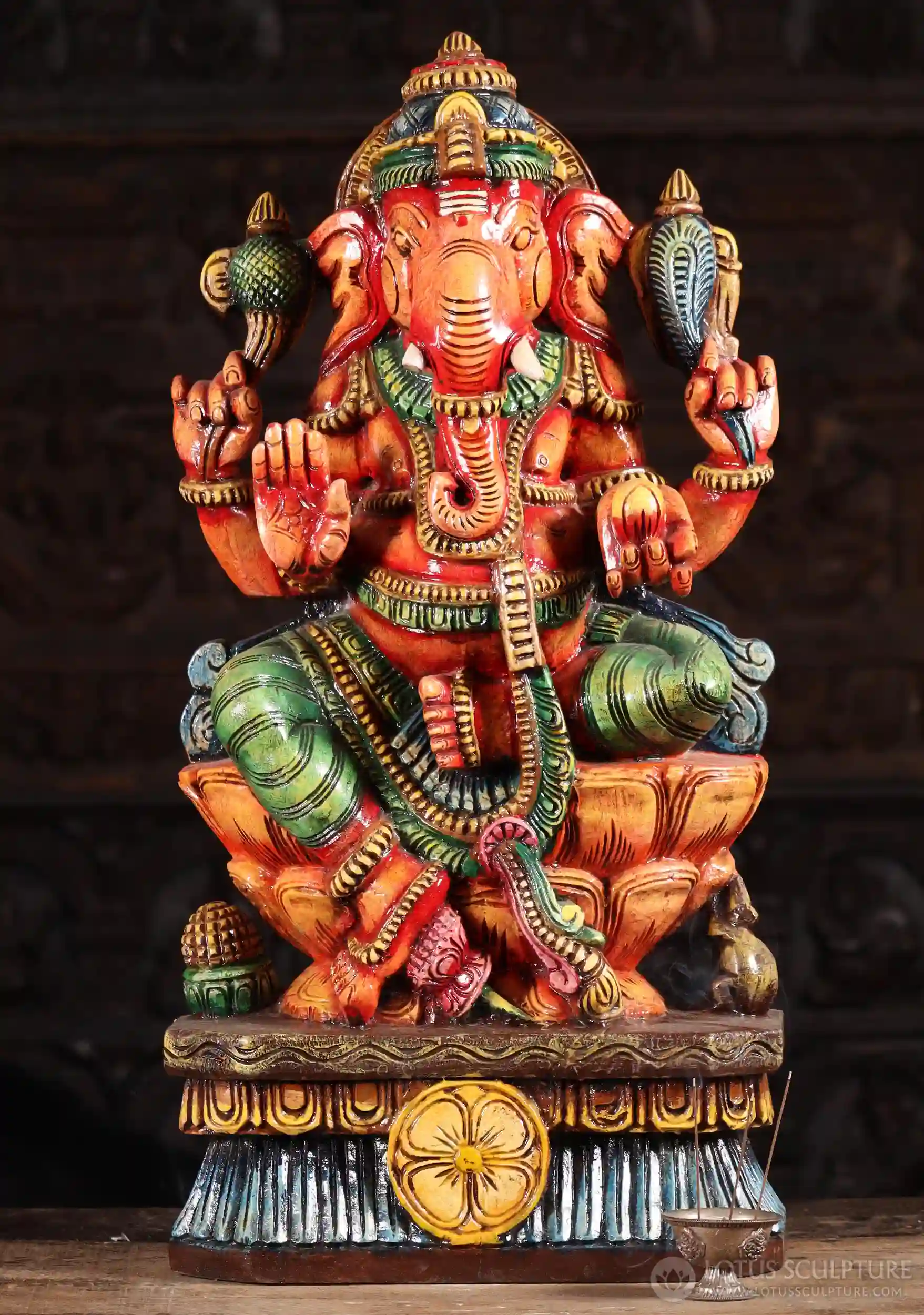 Ganesh Hand-Painted Wooden Murti Sculpture Seated on Lotus Base with Mooshika 30"