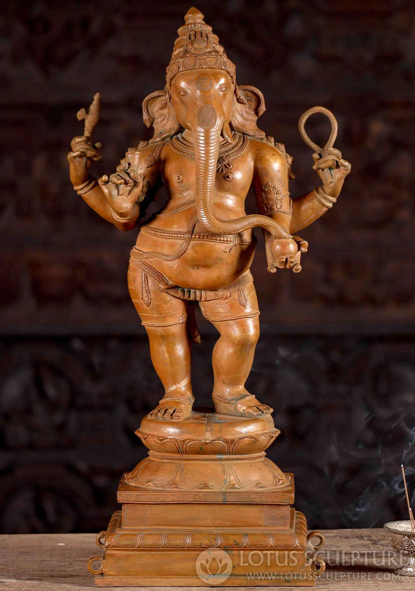 Ganesha Bronze Statue Standing in Wood Finish Holding Ankusa, Pasha, and Modak 23"