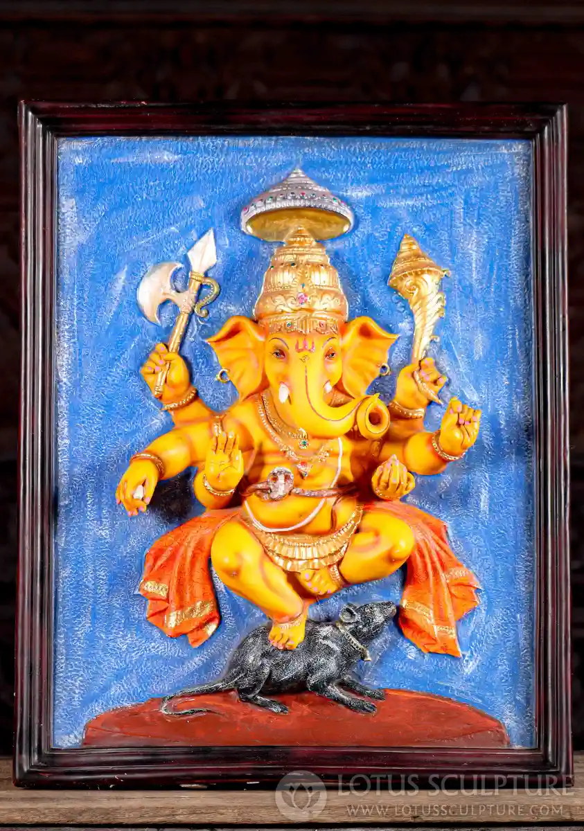 Ganesha Fiberglass Wall Hanging in Abhaya Mudra, Dancing on Mooshika Six Arms 27"