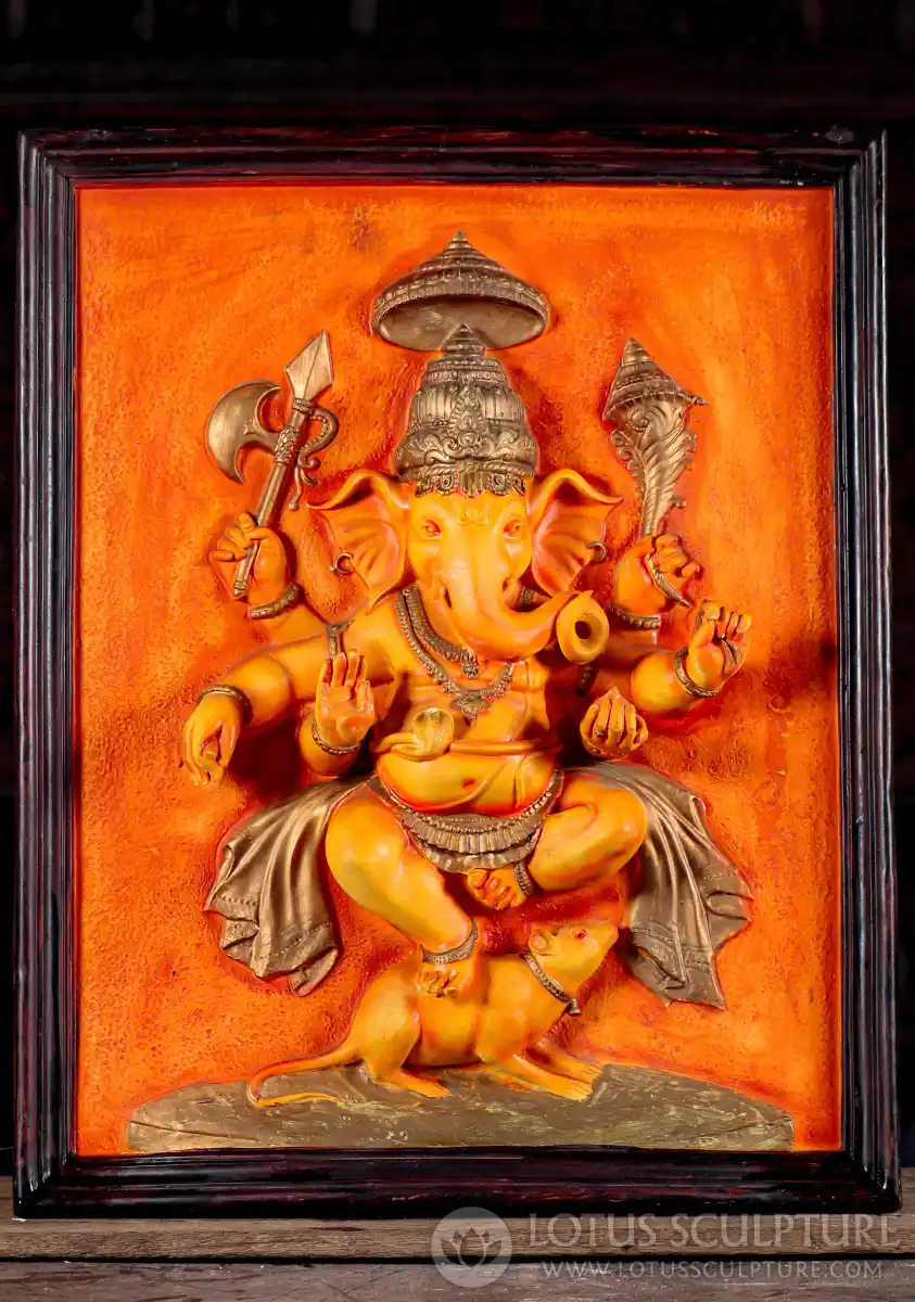 Ganesha Fiberglass Wall Hanging in Abhaya Mudra, Vibrant Picture of Dancing Deity 27"