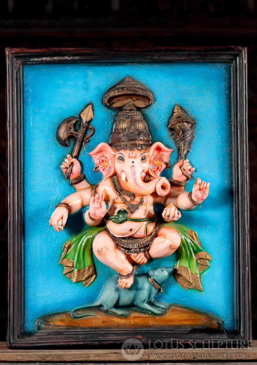 Ganesha Fiberglass Wall Hanging Vibrant Blue Depiction of Dancing Deity 27"