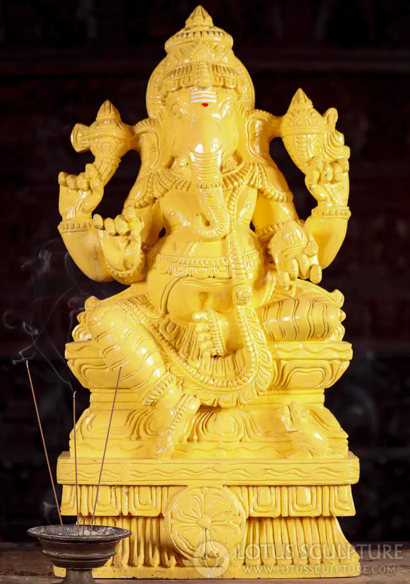 Ganesha Ivory Painted Wood Statue Seated in Lalitasana with Mango and Broken Tusk 24"