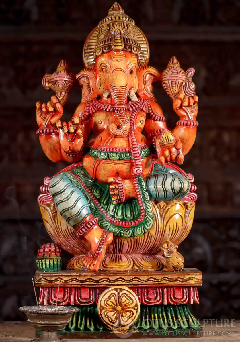 Ganesha Hand-Painted Wooden Statue Seated on Lotus Base with Mango Slice 24"