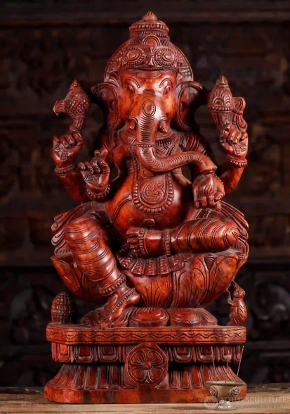 Ganesh Hand Carved Wooden Statue with Natural Stain, Playful Tusk Reaching Modak 30"