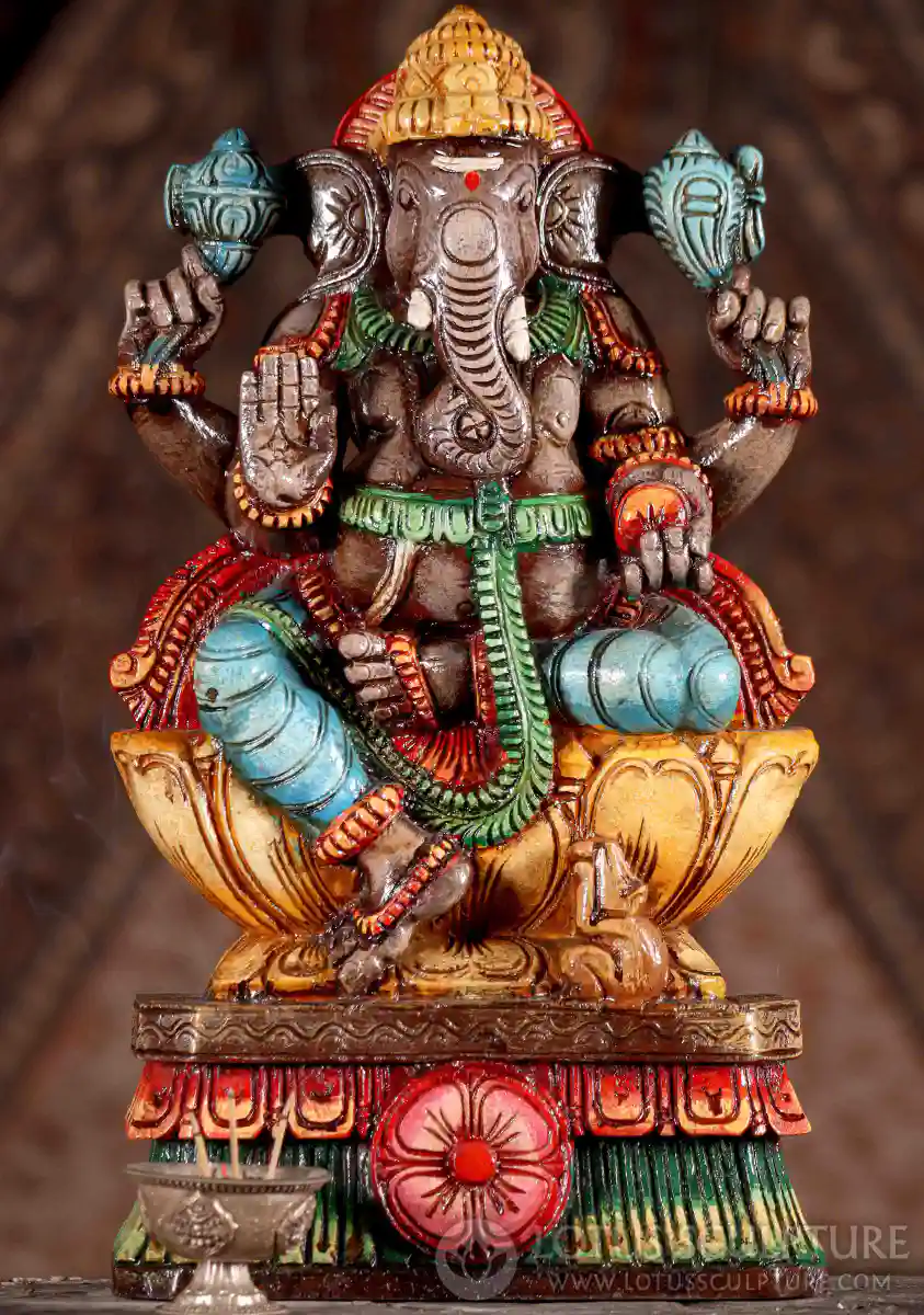 Ganesha Painted Wood Sculpture in Abhaya Mudra with Vahana Mooshika on Lotus Base 18"