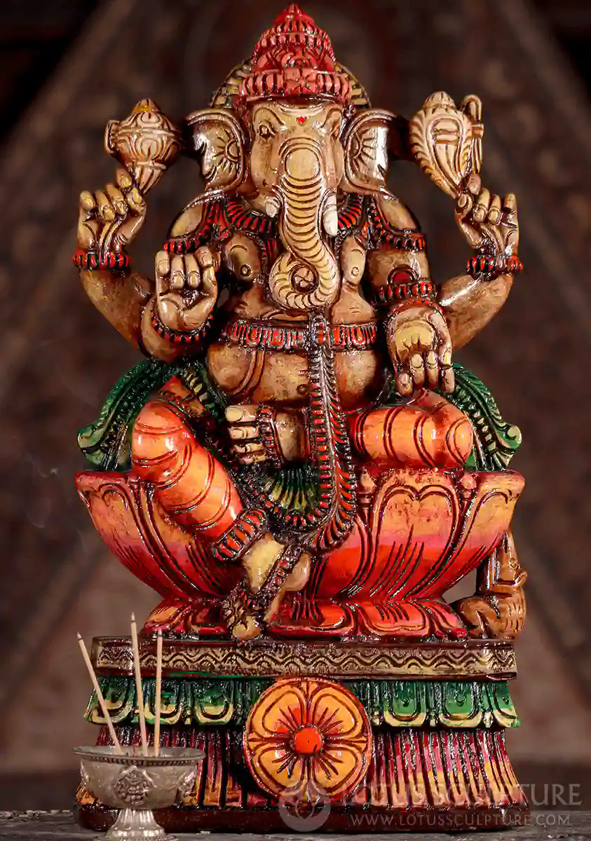 Ganesha Painted Wood Sculpture with Mango and Curled Trunk on Lotus Base 18"