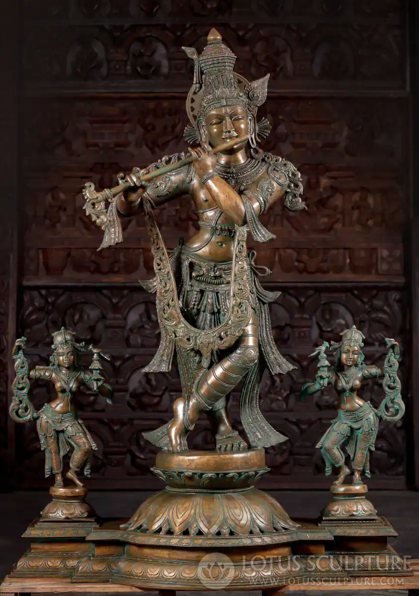 Krishna Bronze Statue with Dancing Gopis in Panchaloha Antiique Green Patina 54"