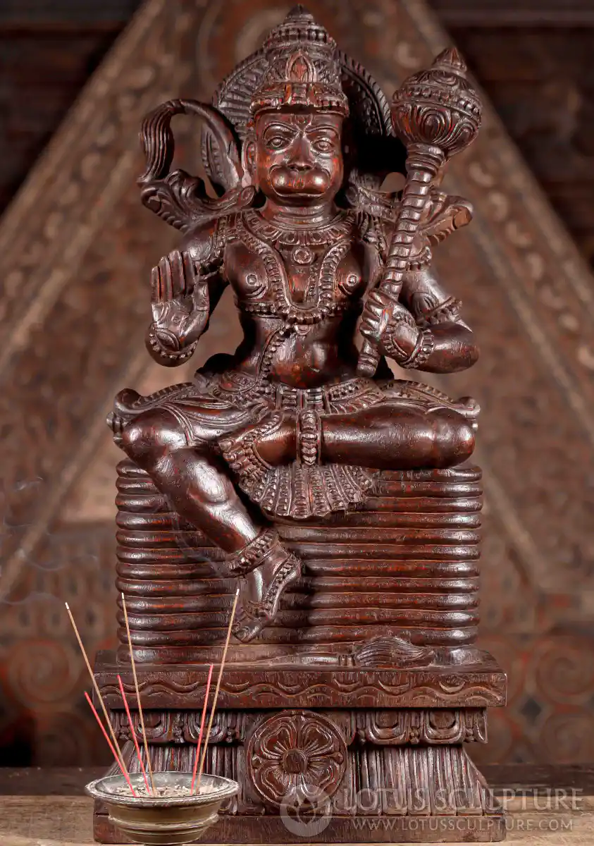 Hanuman Wooden Sculpture with Dual Tails, Gada, and Abhaya Mudra on Tail-Coiled Base 24"