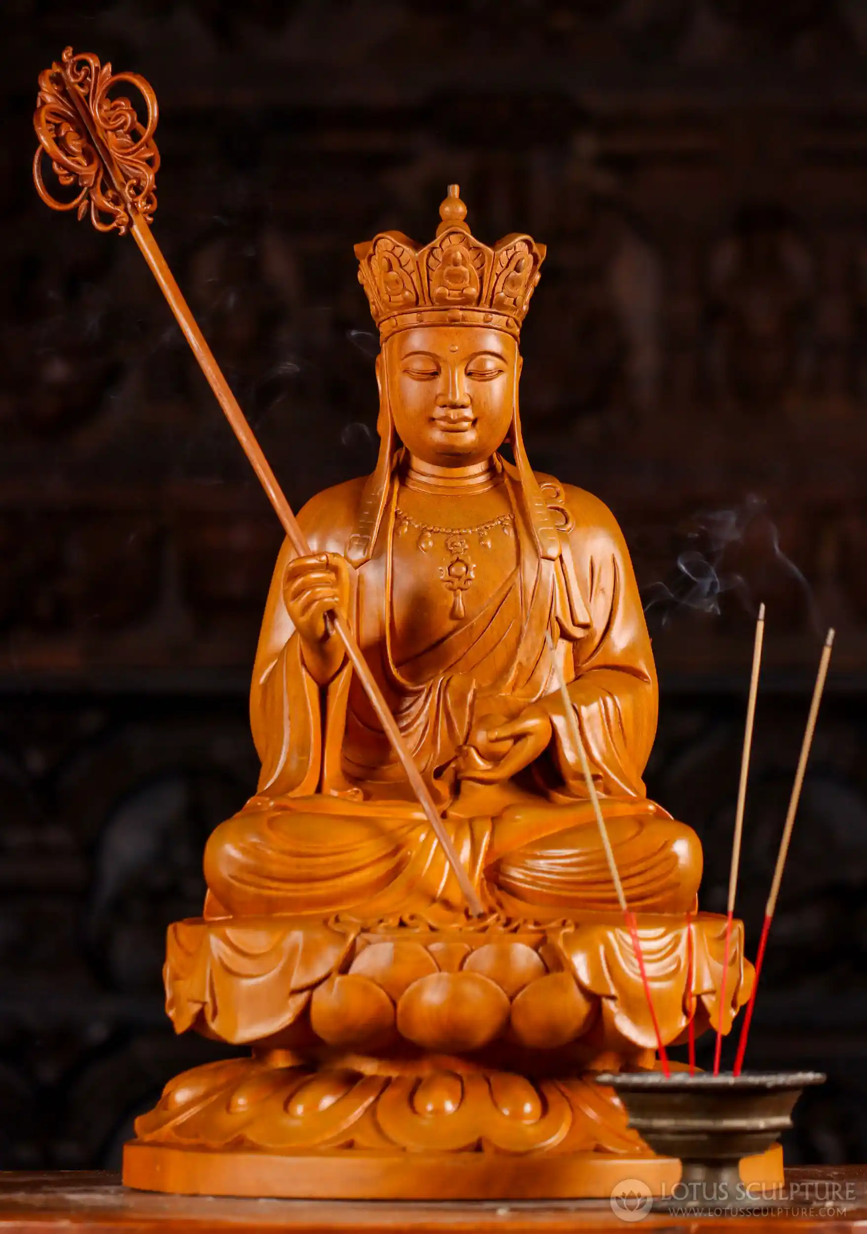 Ksitigarbha Bodhisattva Sculpture Seated on Lotus with Staff, Hand-Carved Wood 22"