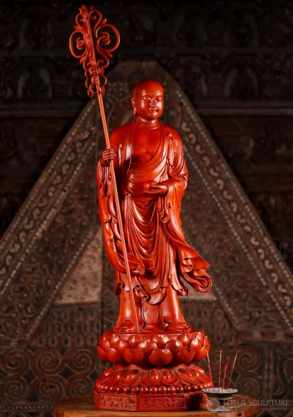 Ksitigarbha Bodhisattva Wood Statue with Staff and Pearl, Standing on Lotus Pedestal 47"