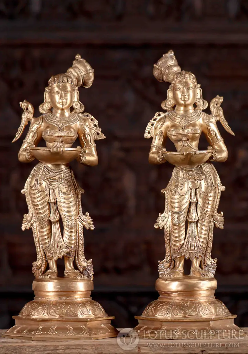 Lakshmi Deepam Polished Bronze Statue Pair with Parrots, Hindu Goddess of Wealth 19"