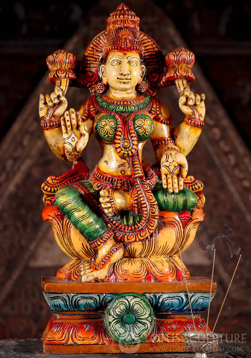 Lakshmi Painted Wood Sculpture Seated on Lotus Base in Abhaya and Varada Mudras 24"