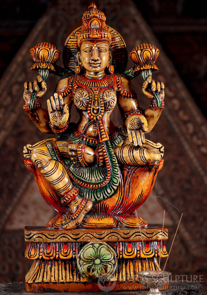 Lakshmi Painted Wood Statue Lalitasana Seated on Lotus Base in Abhaya and Varada Mudras 24"