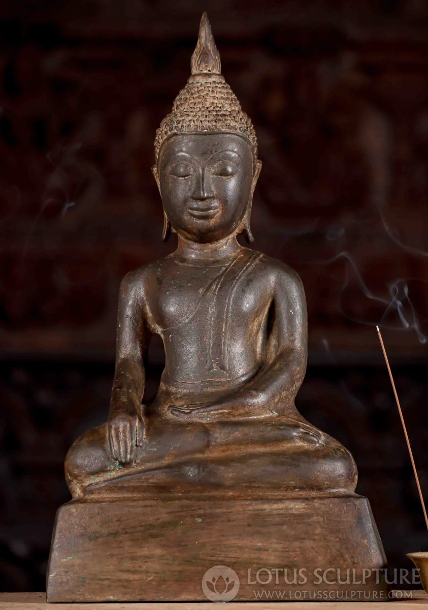 Brass Laotian Buddha Statue Seated in the Ardhapadmasana Half Lotus Seated Position 17"