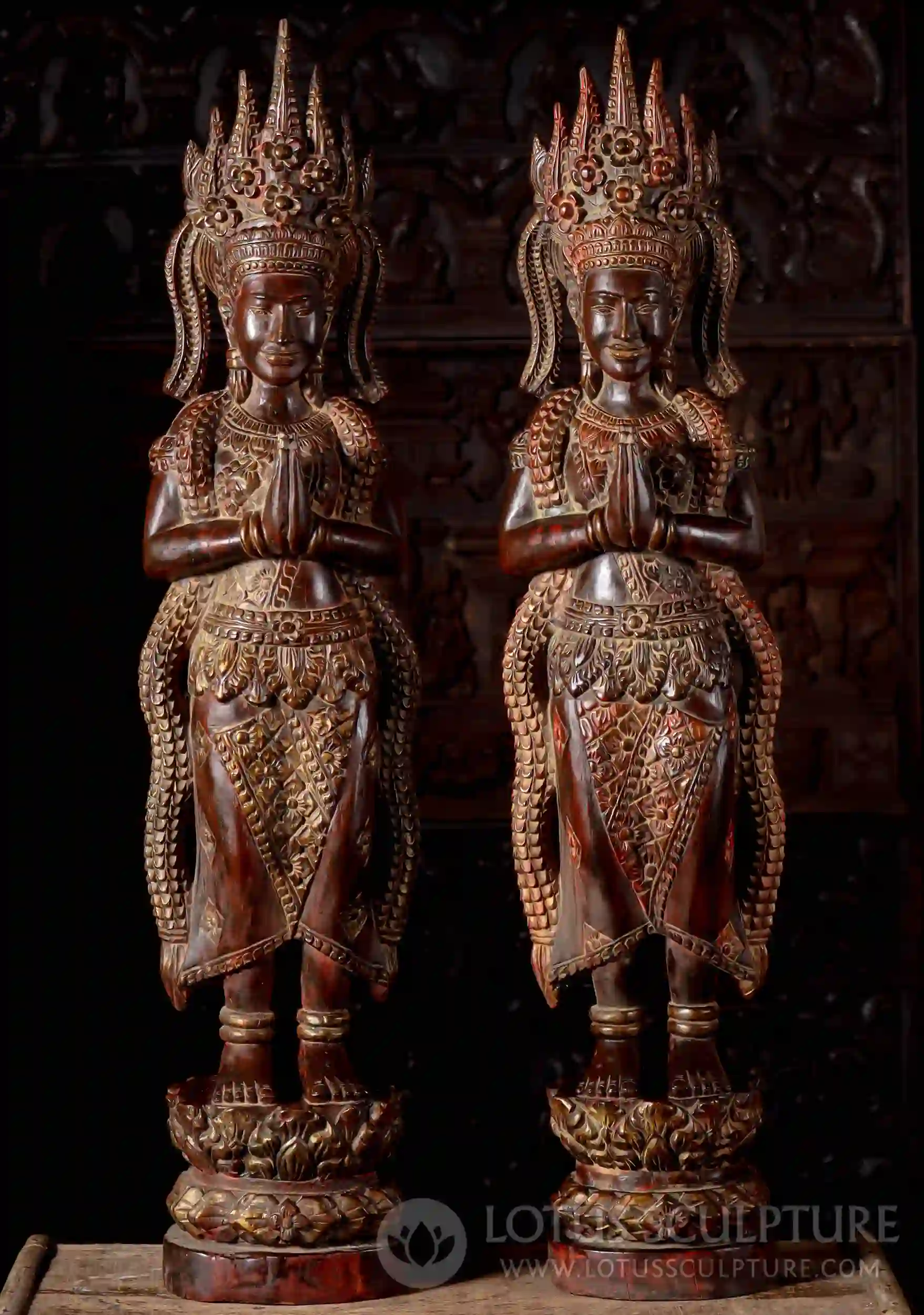 Apsara Statues in Namaste with Red and Brown Detailing Large Cambodian Wood 50"