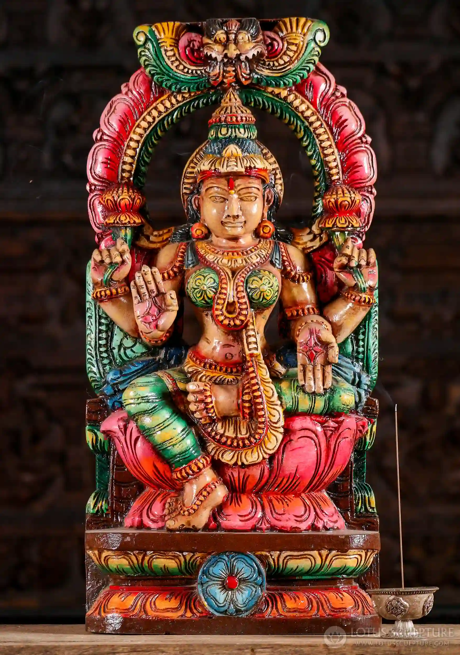 Lakshmi Hand-Painted Wood Statue Hindu Goddess Seated on Lotus with Arch 24"