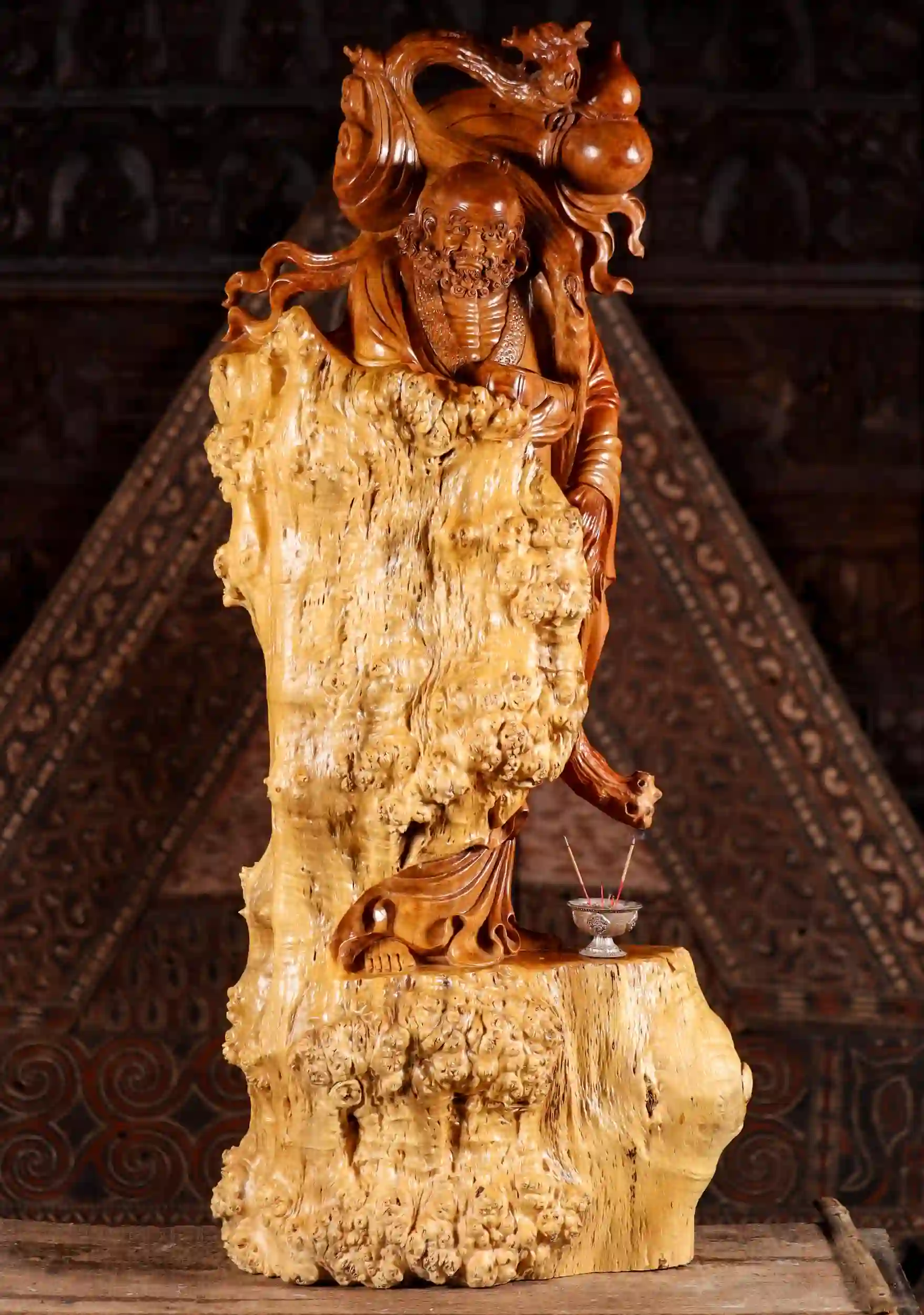 Bodhidharma Zen Master Burl Wood Statue with Bowl, Staff, and Flowing Robes 47"