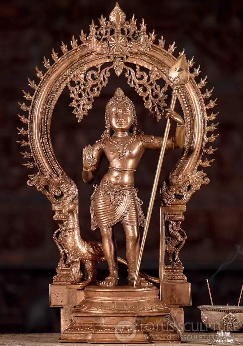 Murugan Polished Bronze Statue Standing with Peacock and Spear in Abhaya Mudra 18"