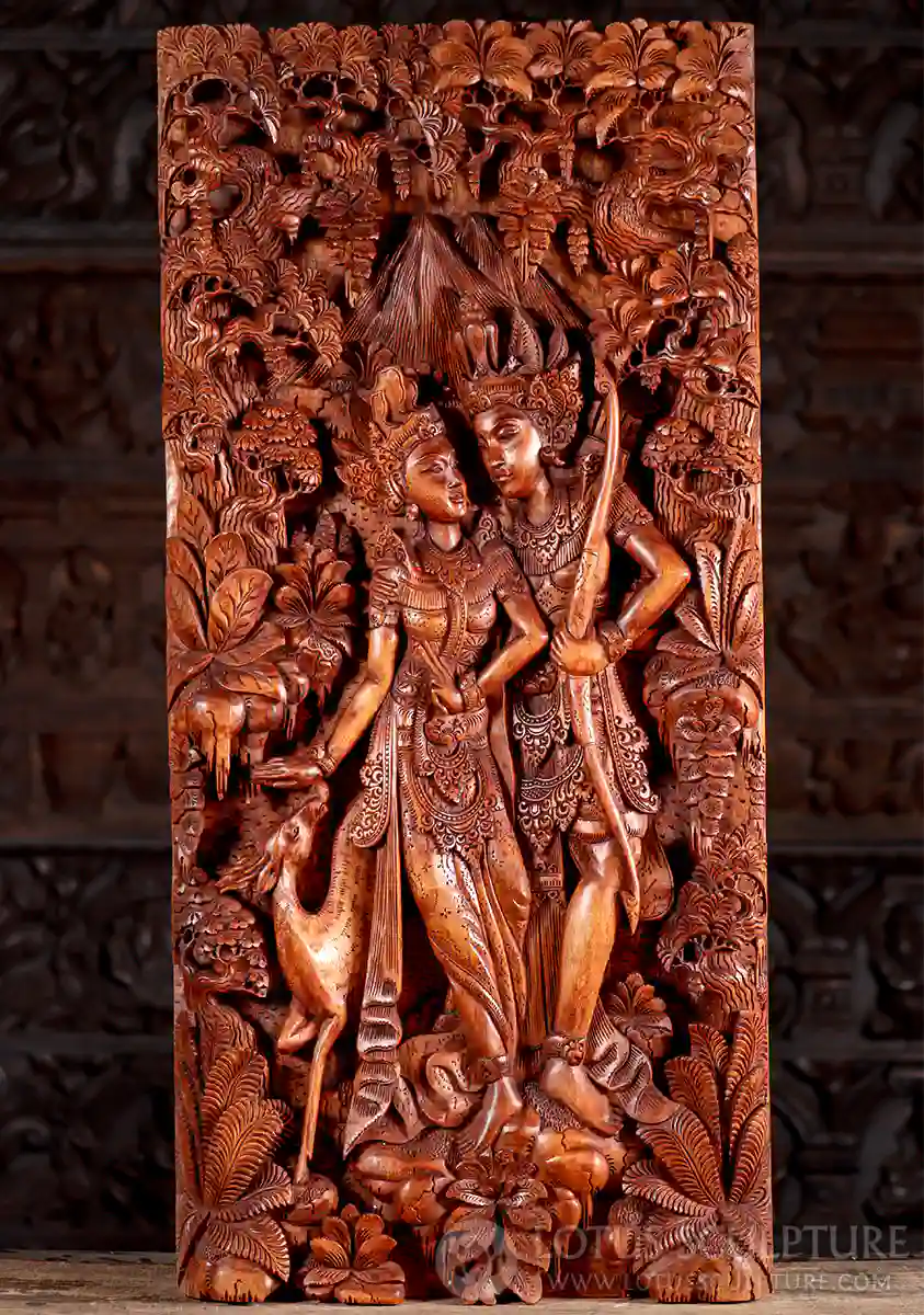 Rama and Sita Hand-Carved Wooden Panel with Bow and Deer in Jungle Canopy 39"