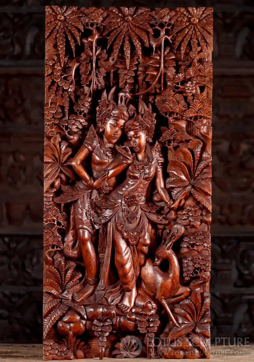 Rama and Sita Hand-Carved Wooden Hindu Wall Panel Depicting Divine Lovers in the Jungle 39"