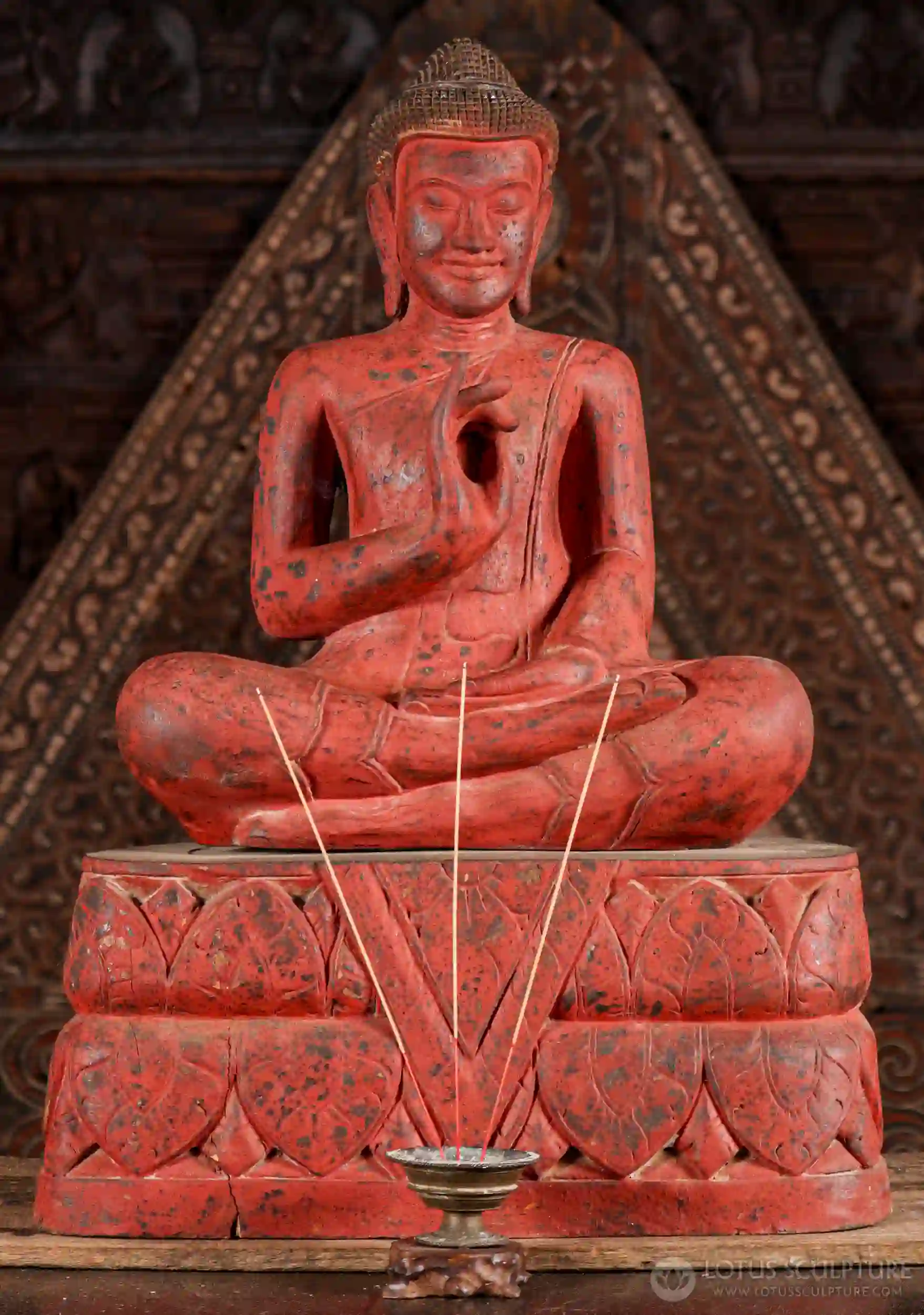 Buddha Wood Sculpture Teaching Mudra Seated on Lotus Base Carved in Cambodia 35"