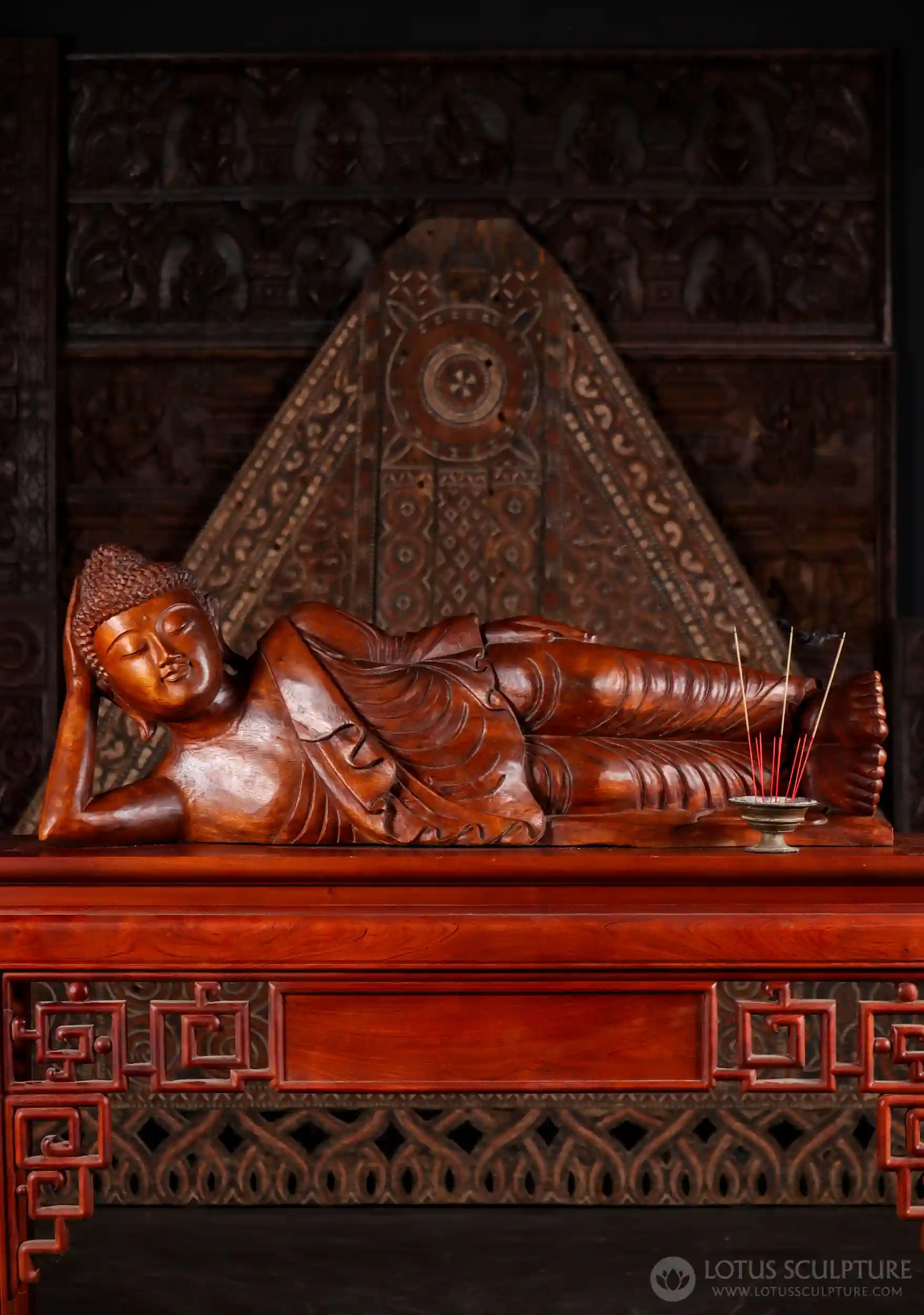 Reclining Buddha Wood Sculpture Depicting the Buddha's Entry into Nirvana 40.5"