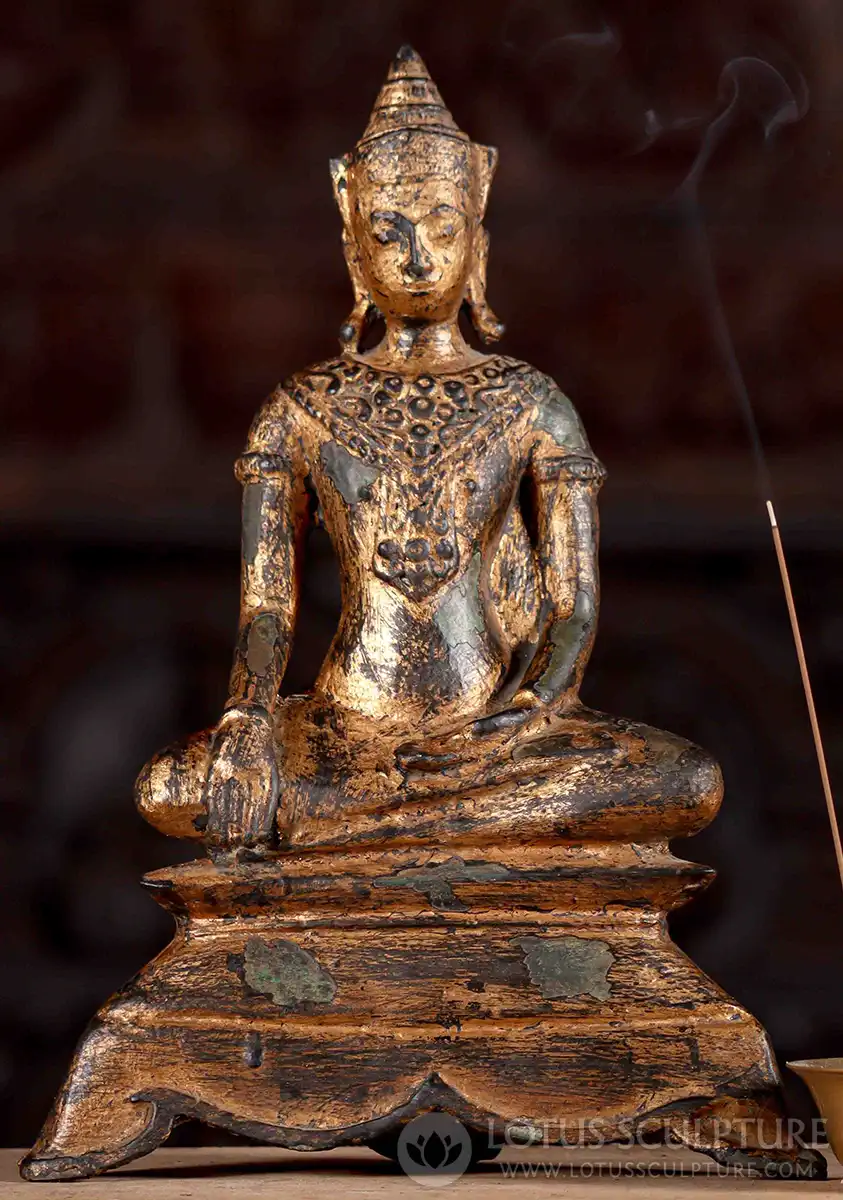 Brass Thai Buddha Statue in the Bhumisparsha Mudra or the Earth Touching Hand Position 12"