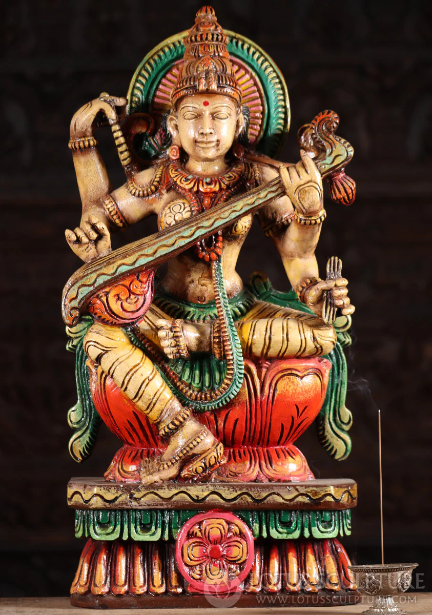 Saraswati Vibrant Wood Statue Hindu Goddess of Wisdom Playing Veena on Lotus 24"