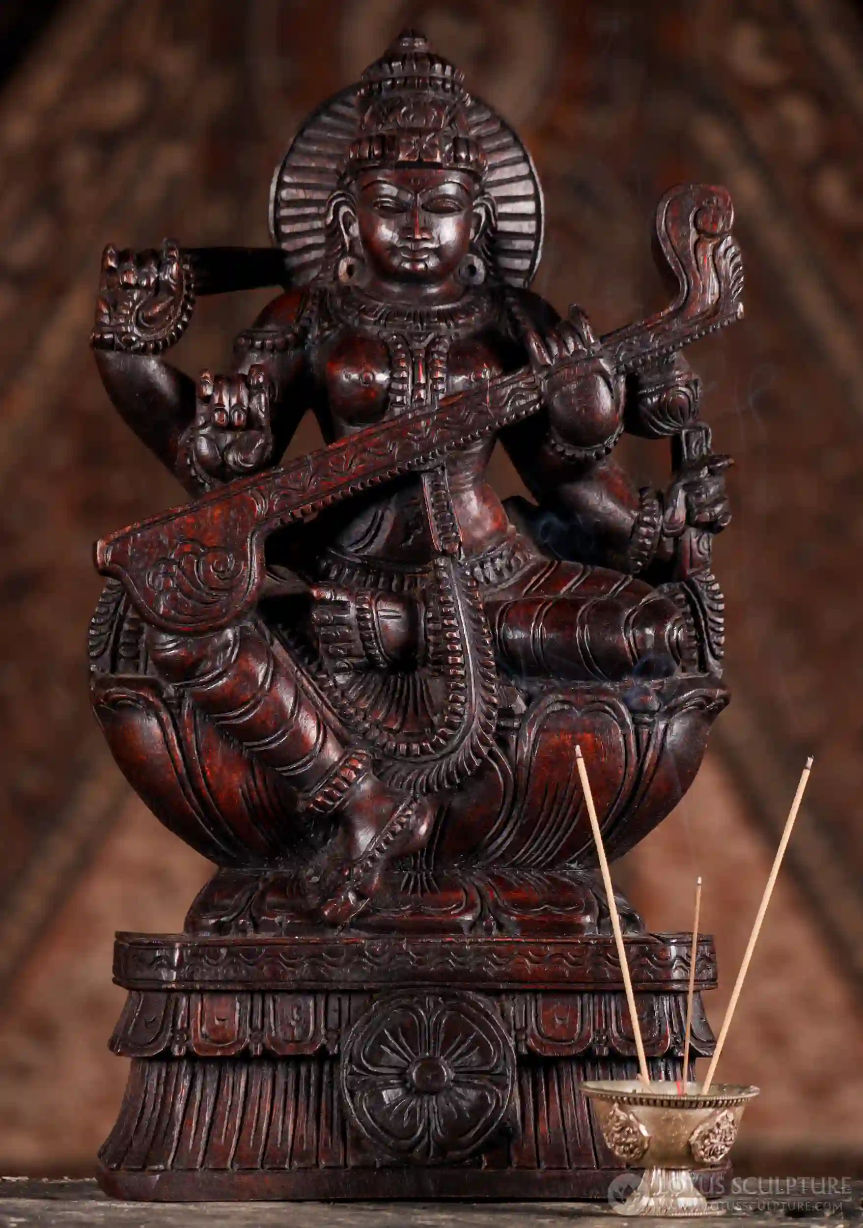 Saraswati Wooden Statue Hindu Goddess Seated on Double Lotus with Veena 18"