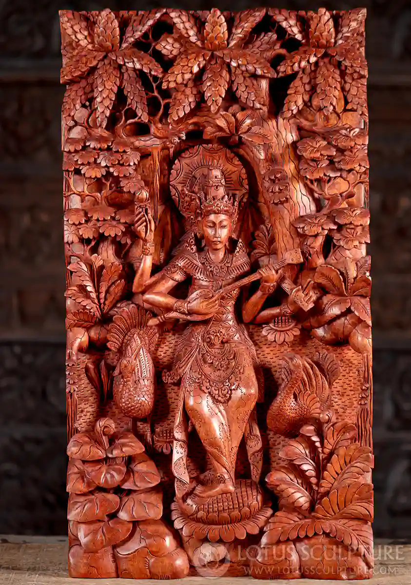 Saraswati Hand-Carved Wooden Panel Playing Veena with Lotus, Vedas & Peacocks 26"