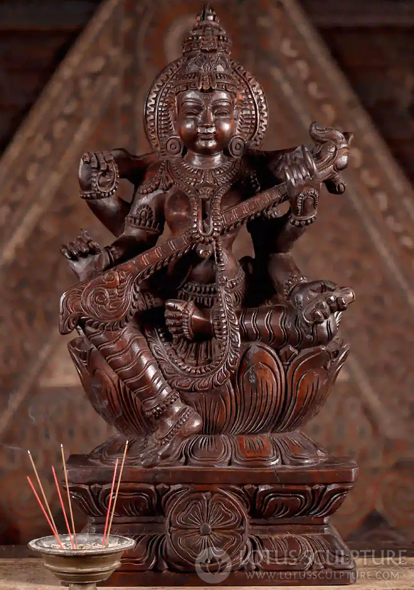 Saraswati Wooden Statue Seated in Lalitasana, Playing Veena with Vedas and Mala 24"