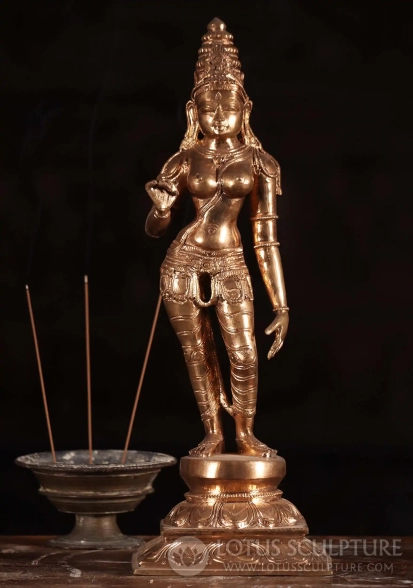 Parvati as Shivakami Panchaloha Bronze Goddess Statue Standing on Lotus Base 14.5"