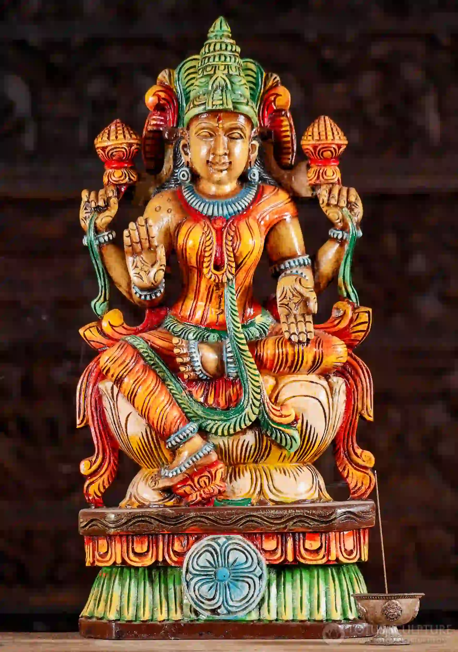 Lakshmi Wooden Statue Seated on Lotus, Hand-Painted with Abhaya and Varada Mudra 24"