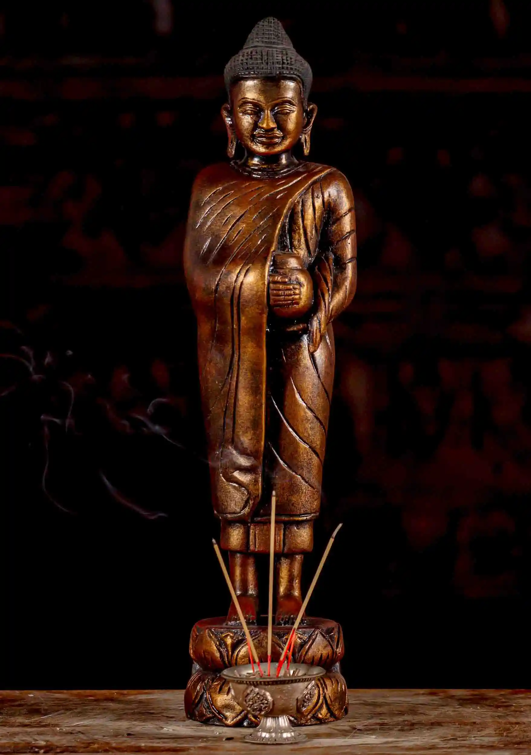 Buddha Statue Standing with Alms Bowl in Gold Finish Hand-Carved Cambodian Wood 20"