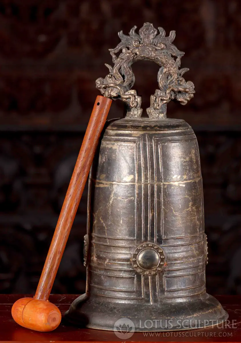 Vietnamese Brass Temple Bell with Dragon Motif Handle and Intricate Detailing 17"