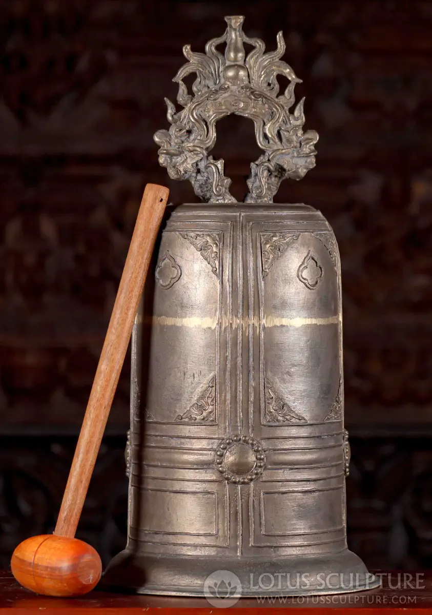 Vietnamese Brass Buddhist Temple Bell with Intricate Dragon Handle and Wooden Striker 24"