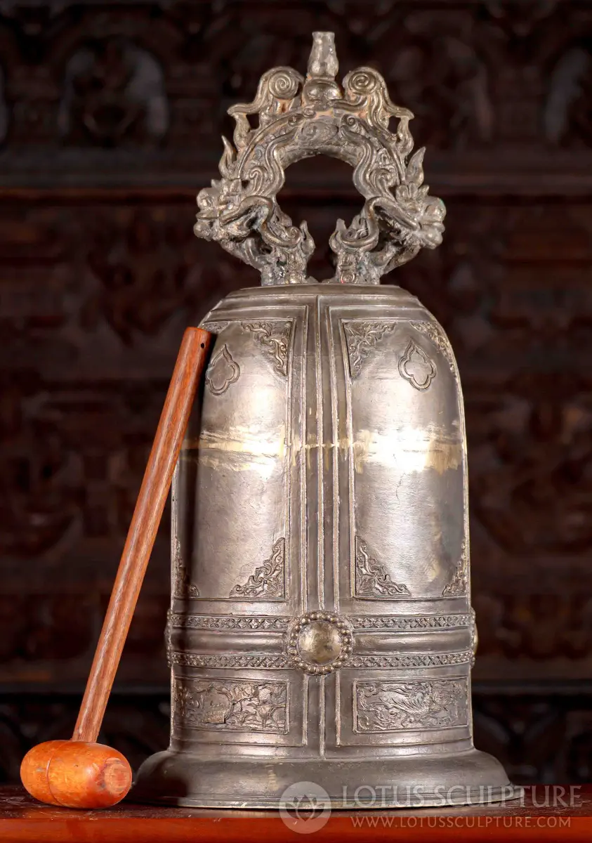 Large Buddhist Temple Bell with Dragon Motif & Wooden Striker Large Vietnamese Brass 27"