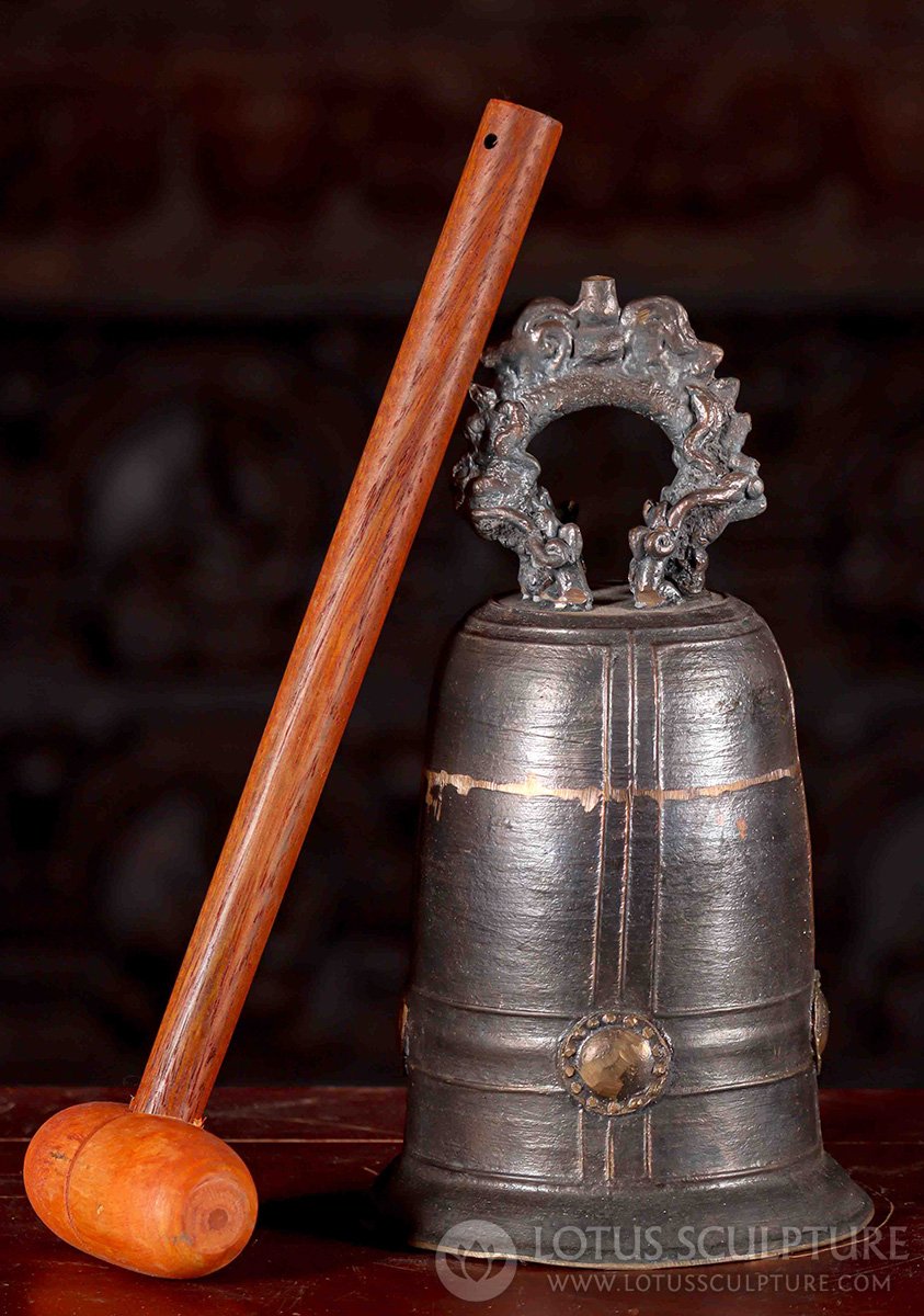 Brass Temple Bell Small with Ornate Dragon Handle Medium Vietnamese Instrument 11"