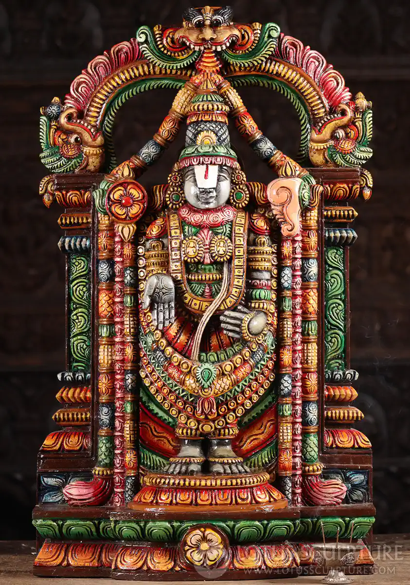 Venkateshwara Balaji Sculpture in Varada Mudra - Wooden Statue with Mahakala Arch 30"