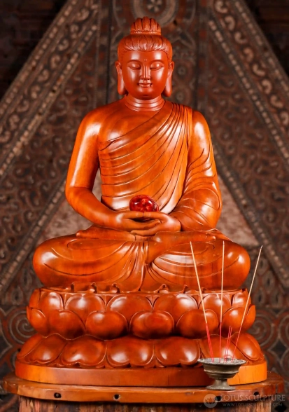 Meditating Gandharan Buddha Sculpture in Vietnamese Wood Seated on Lotus Base 33"