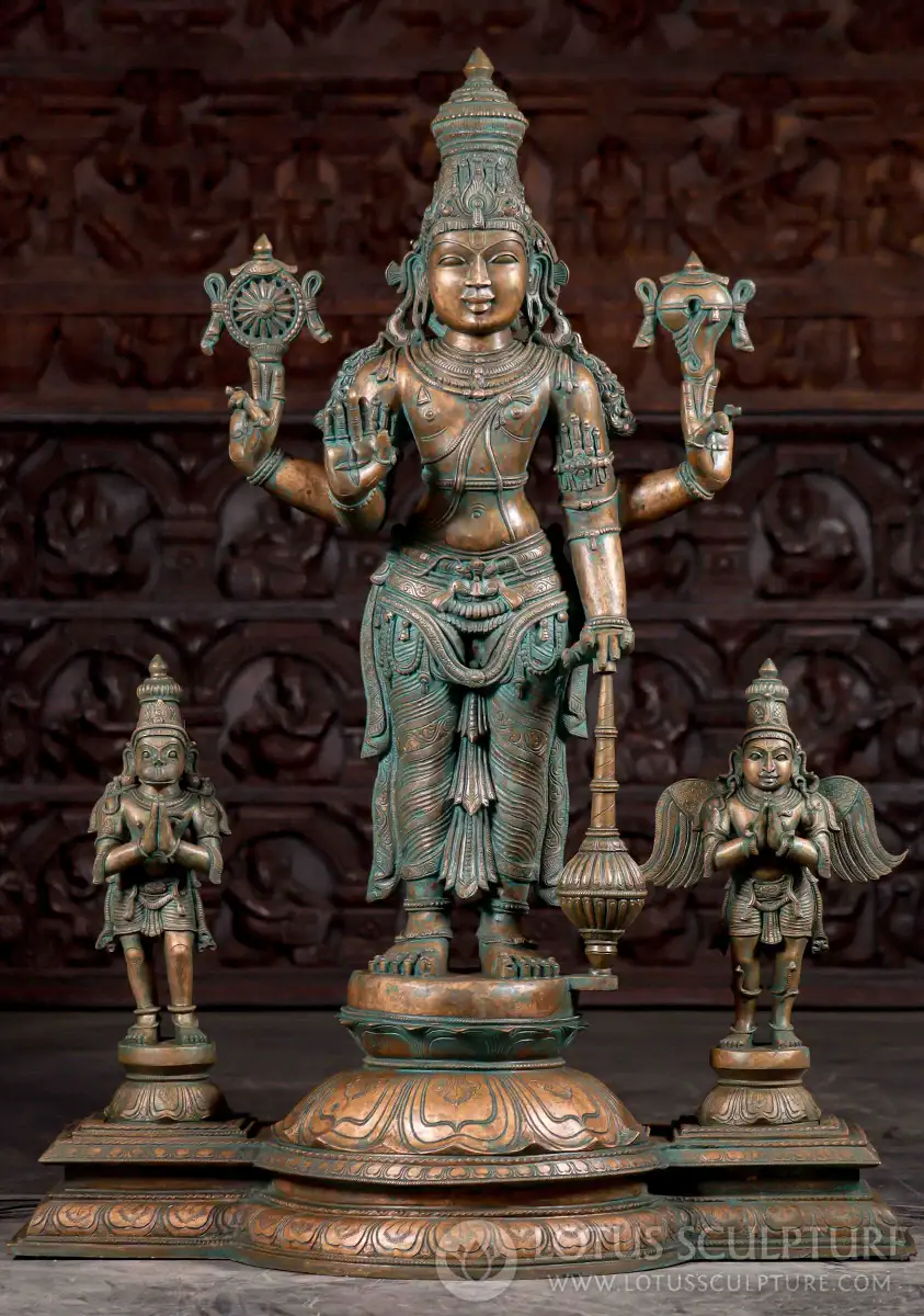 Vishnu Bronze Statue with Garuda and Hanuman in Panchaloha Antique Green Patina 45"